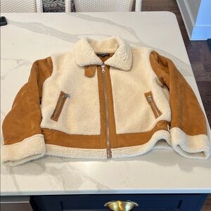 Love Tree Womens Shearling Jacket - Cream and Tan - Size Large